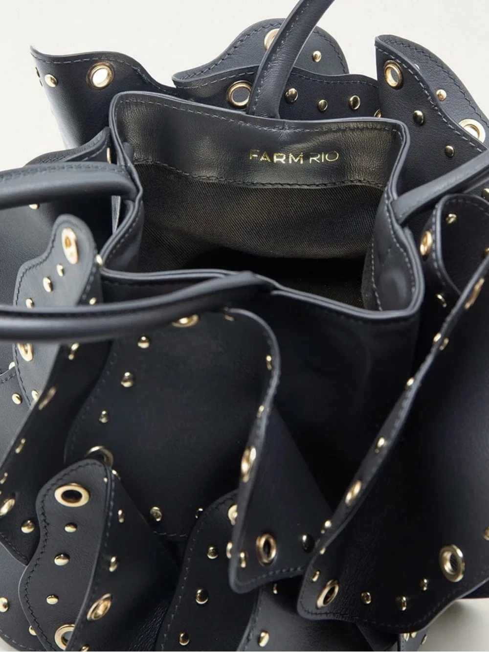 FARM Rio Black Floral Petal Eyelet Satchel with Gold Hardware